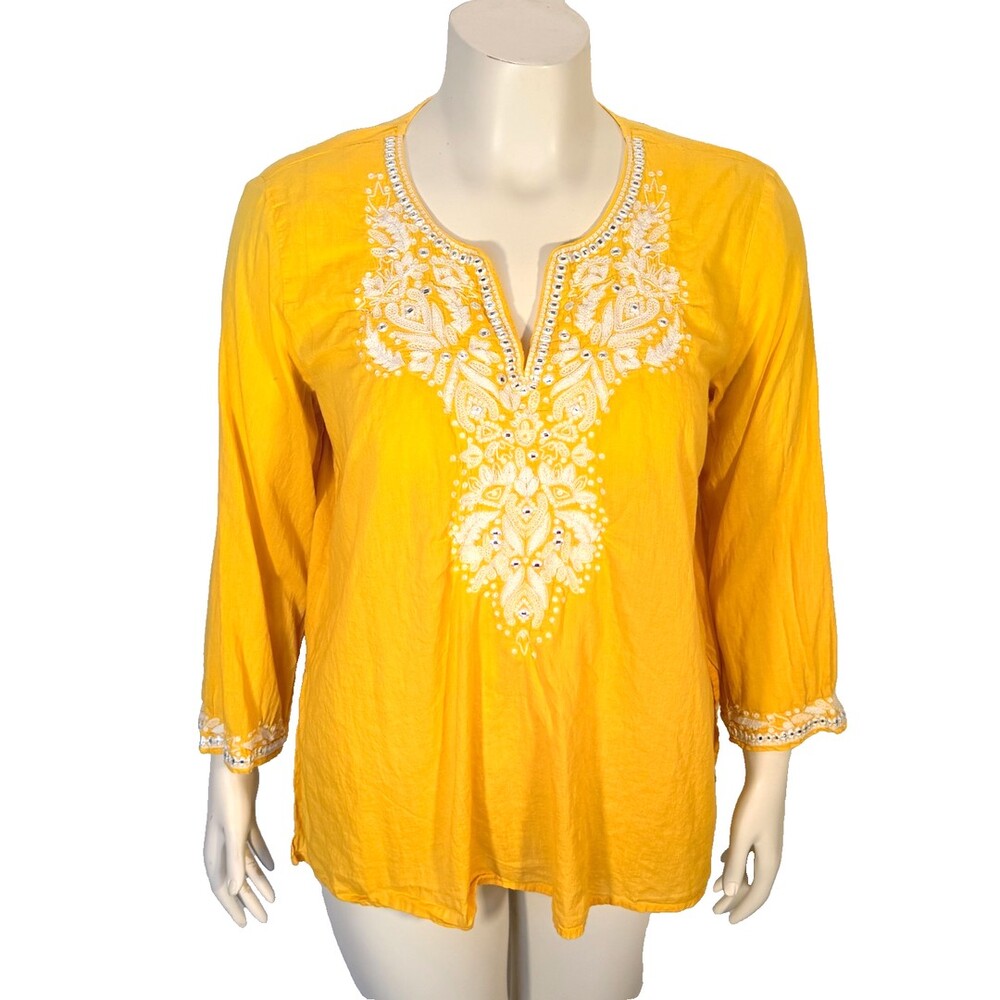 Karen Kane Tunic Top Women's L Yellow White Crochet Trim Mirror Beaded V-Ne